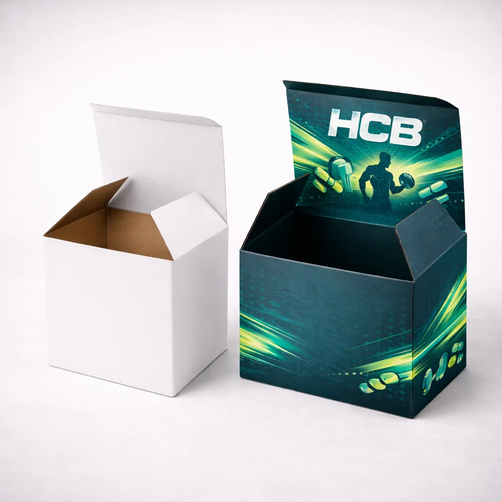 Two vertical medicine-style boxes, one blank white and one with HCB branding and teal wave patterns. class=